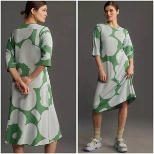 Anthropologie Marimekko Pointti Unikko Knitted Wool Midi Dress Green Size S NWT
